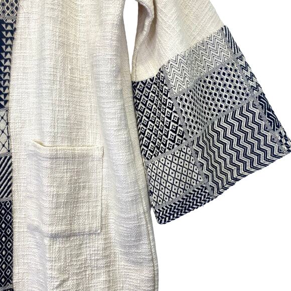 Embroidered Fringe Long Kimono Cardigan Womens L Ivory Black Bohemian - Picture 2 of 7